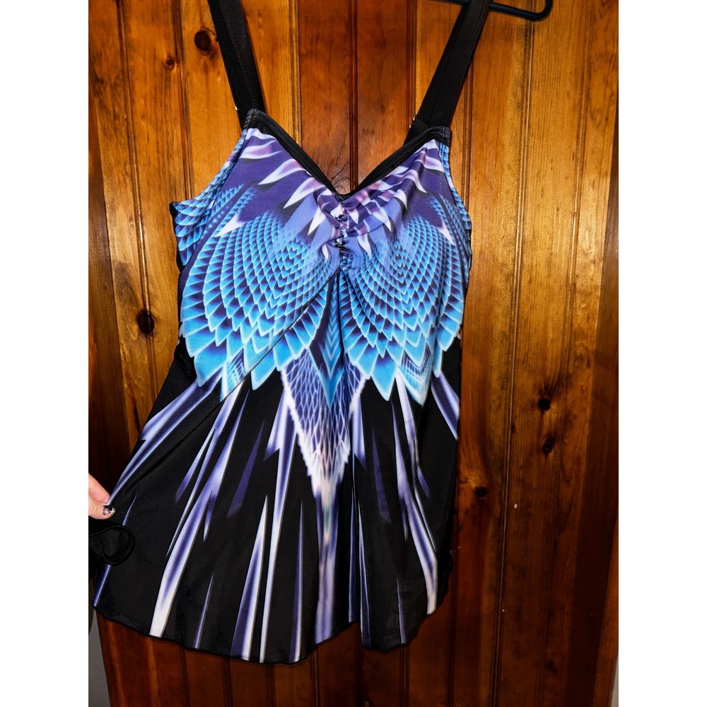 Womens Swimsuit Tankini Top Blue Feather Print Black Bottoms Size Medium